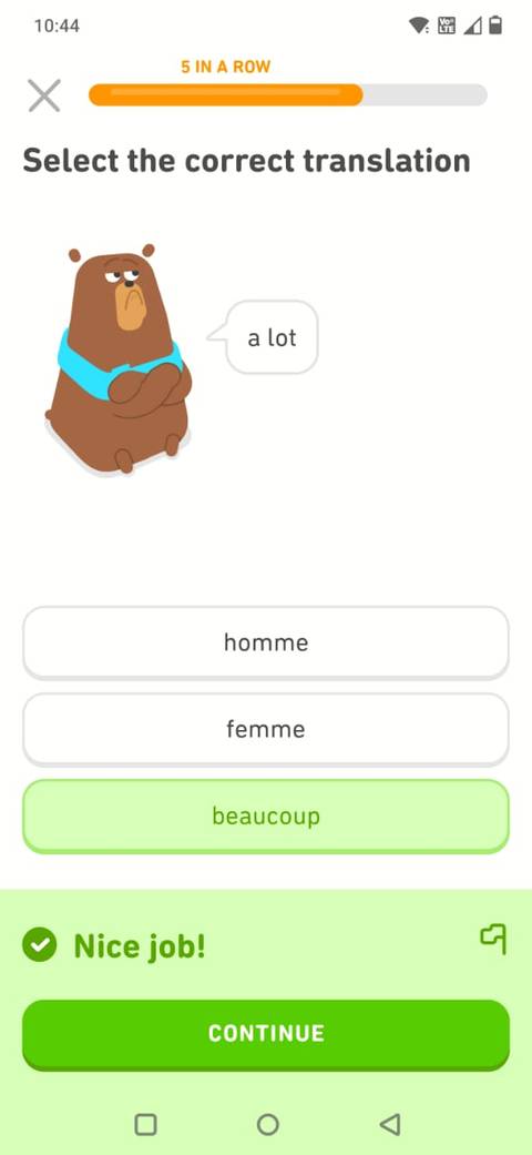 Screenshot of the Duolingo app showing a French lesson