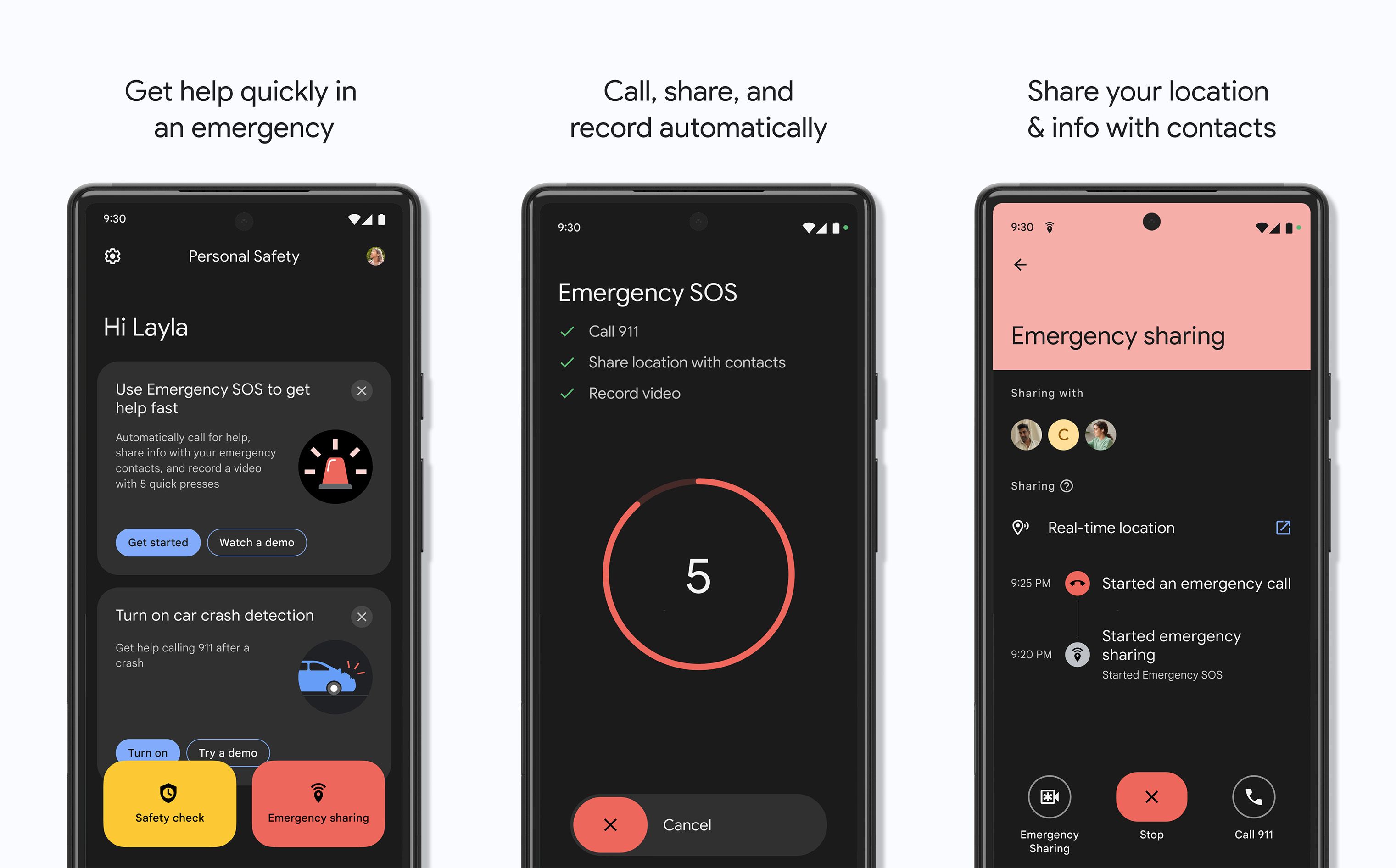 three phones displaying different screens of the emergency sos feature