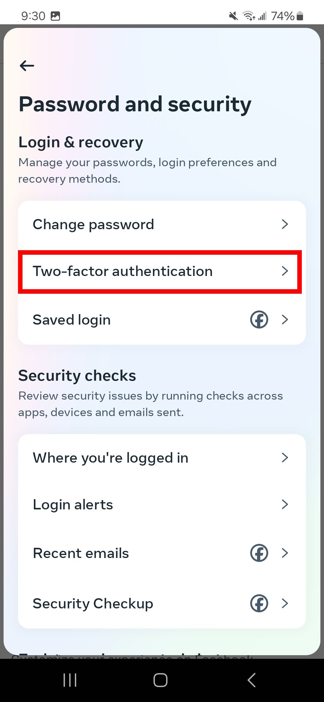 Red rectangle outline highlighting Two-factor authentication in Facebook app