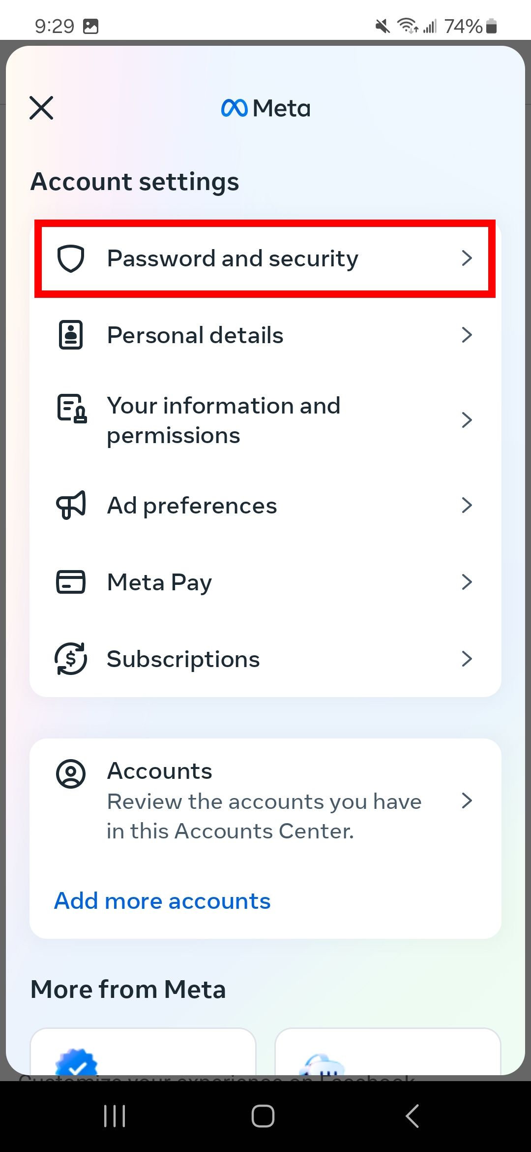Red rectangle outline highlighting password and security in account settings on Facebook app