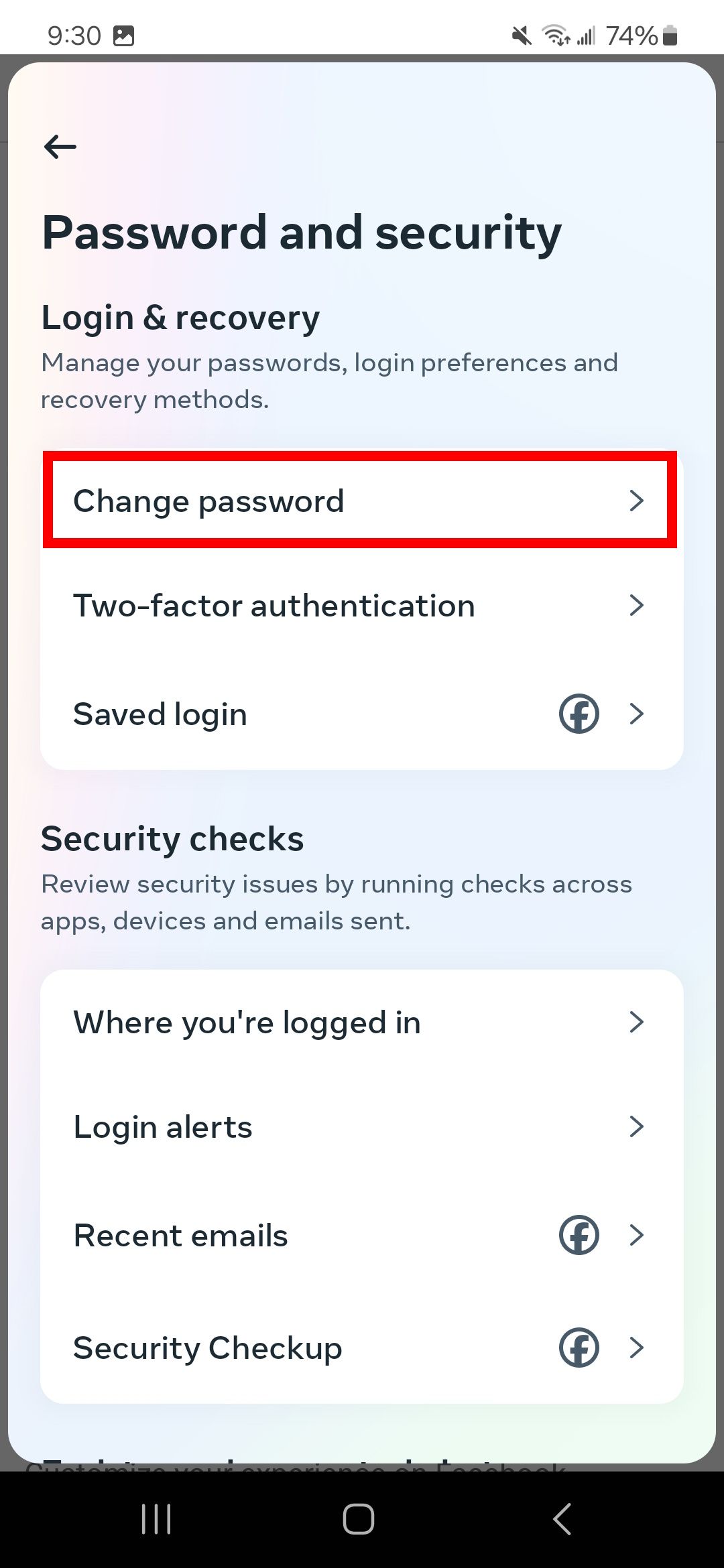 Red rectangle outline over Change password in Facebook app