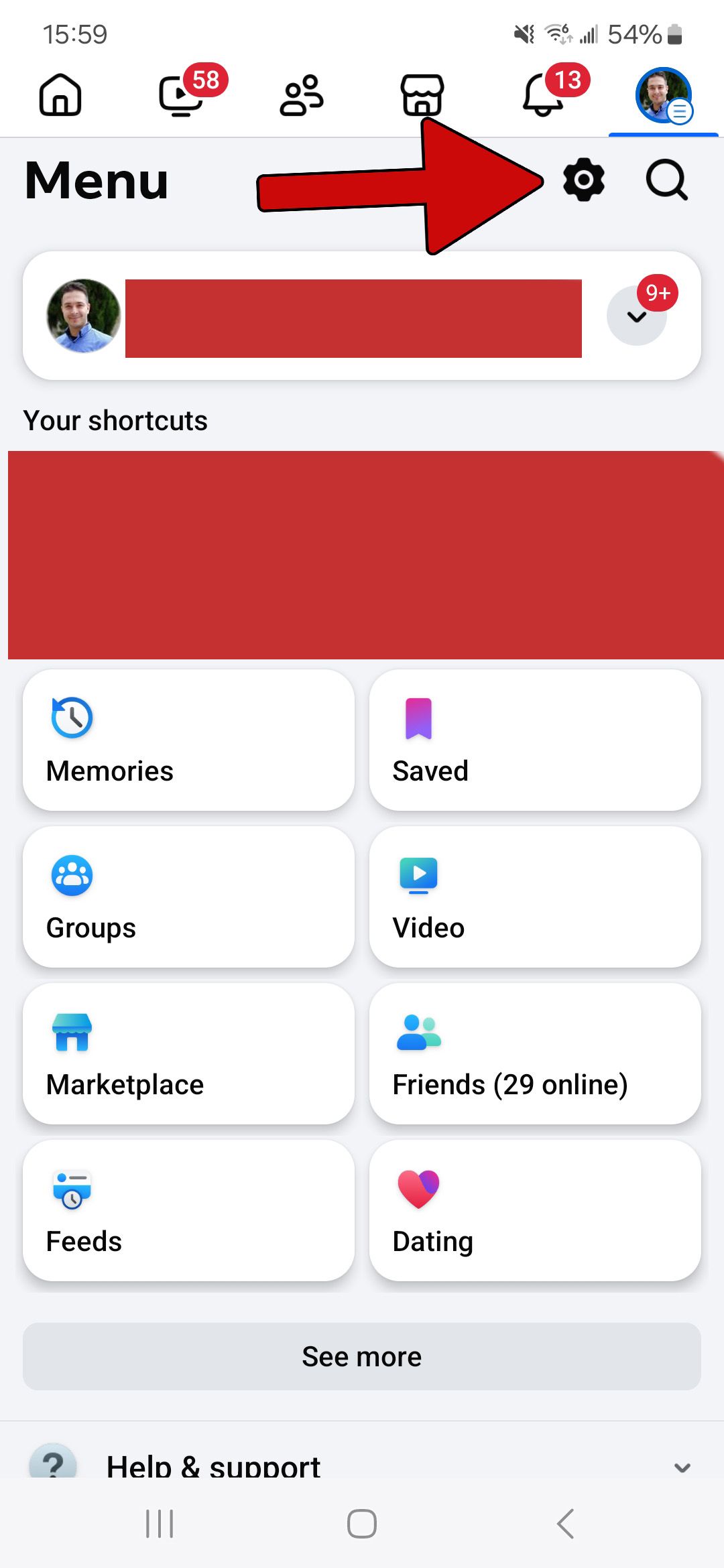 a screenshot of the facebook app in the personal menu screen