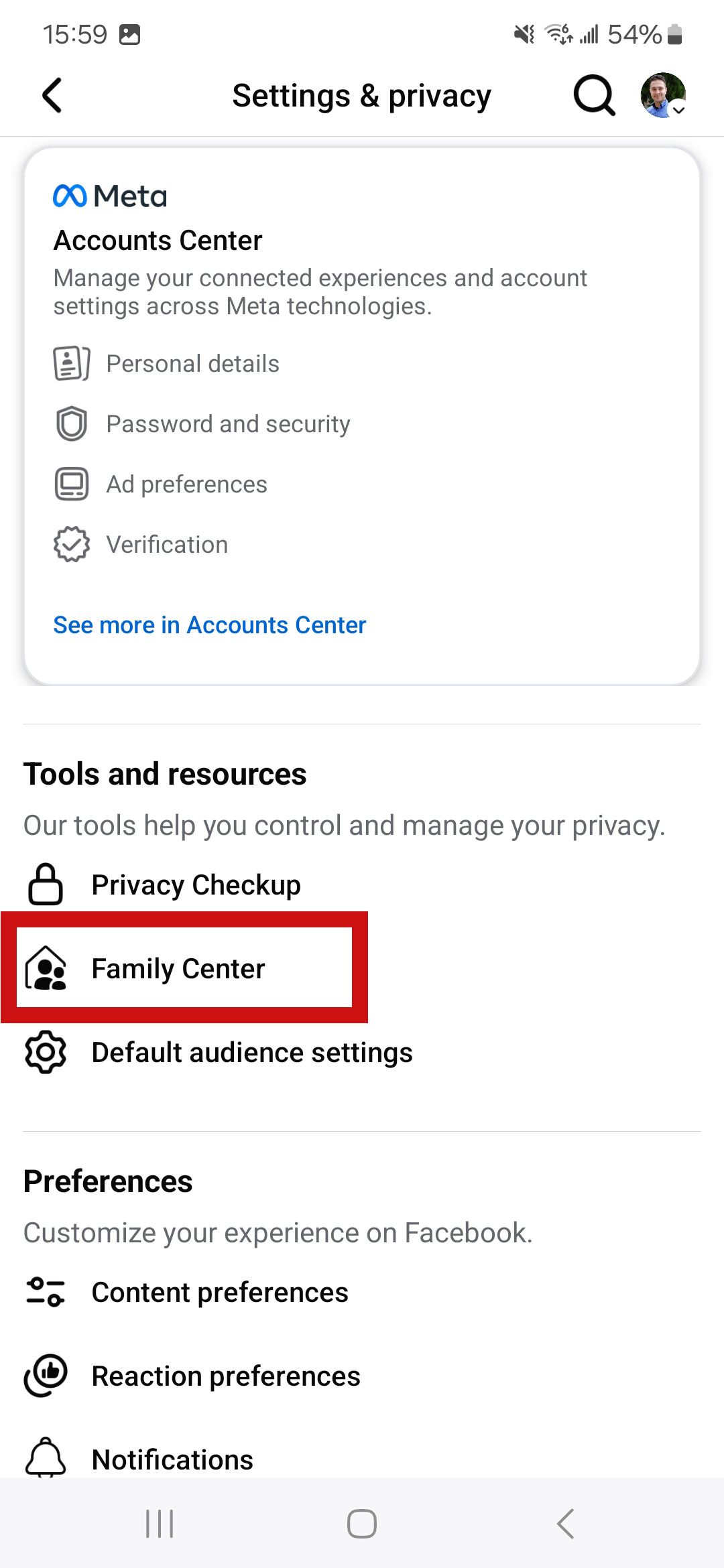a screenshot of the facebook app settings menu with a red box around Family Center