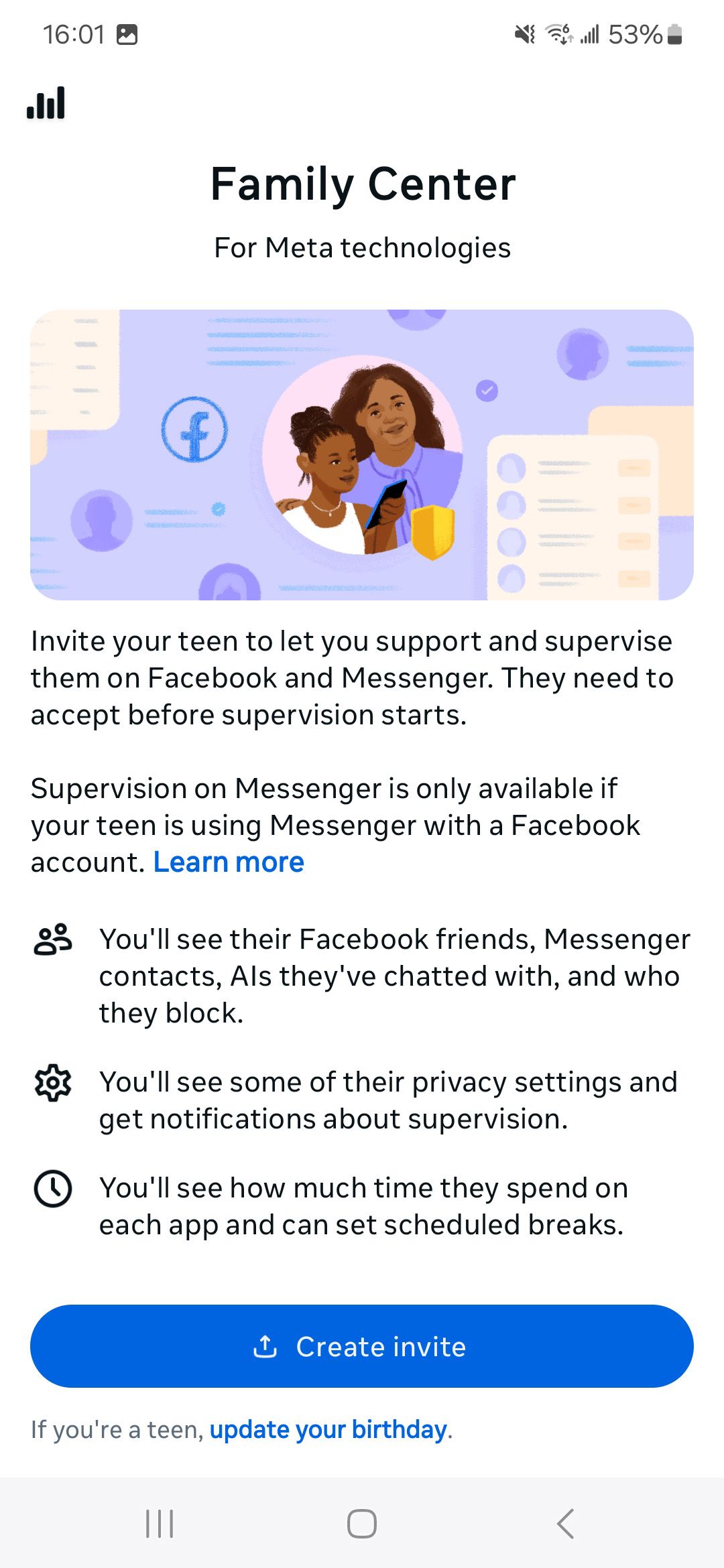 a screenshot of the facebook family center explainer screen