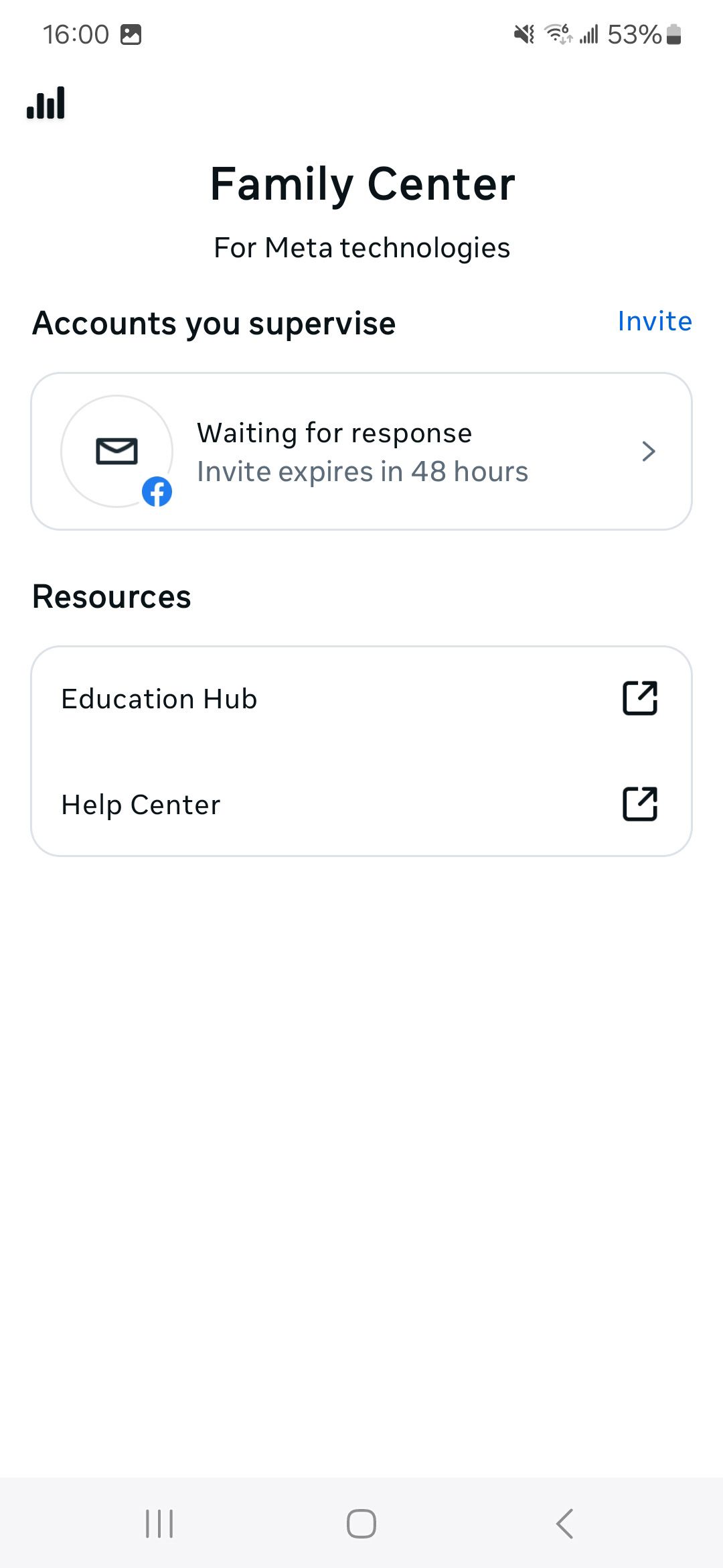 a screenshot of facebook family center screen with invite link waiting for response