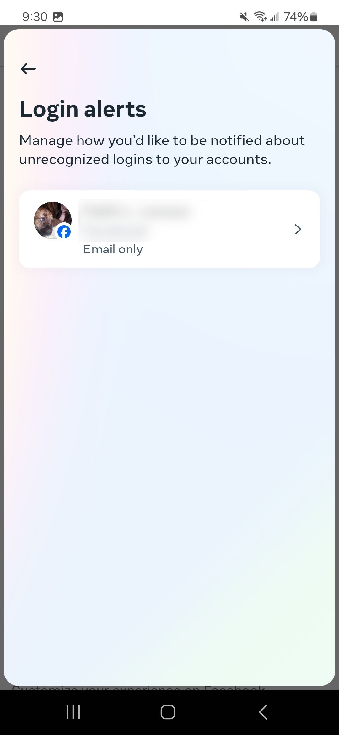 Login alerts details page showing the type of alert Facebook sends for login on the Facebook app