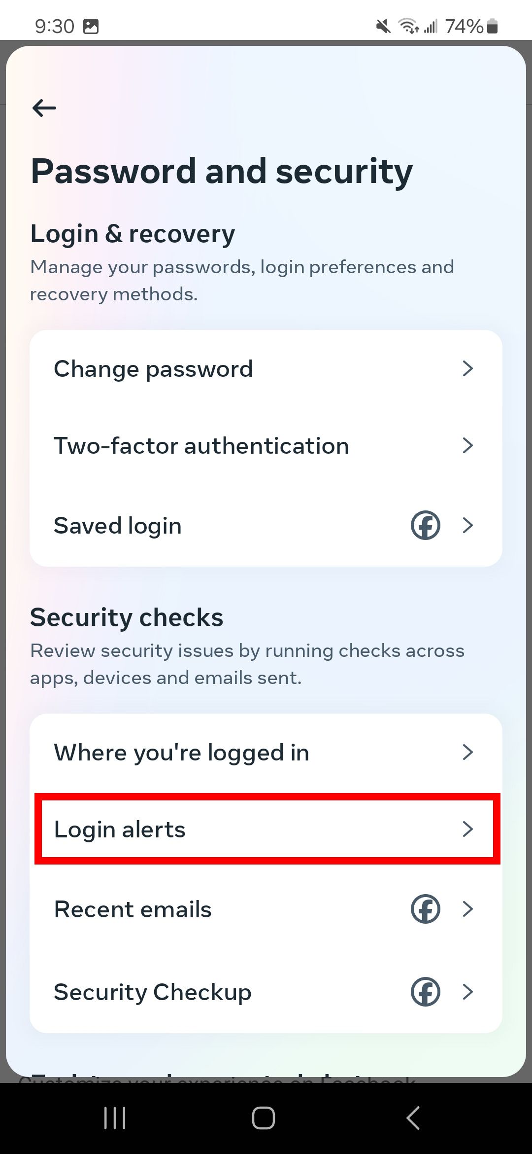 Red rectangle outline over Login alerts on the Facebook app