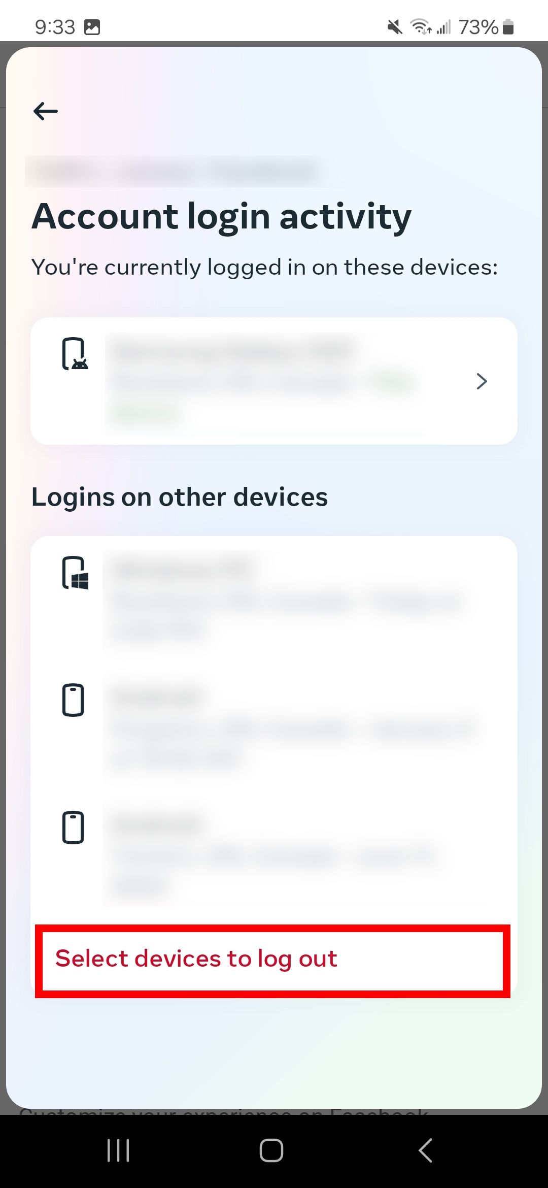 Red rectangle outline over Select devices to log out in the Facebook app