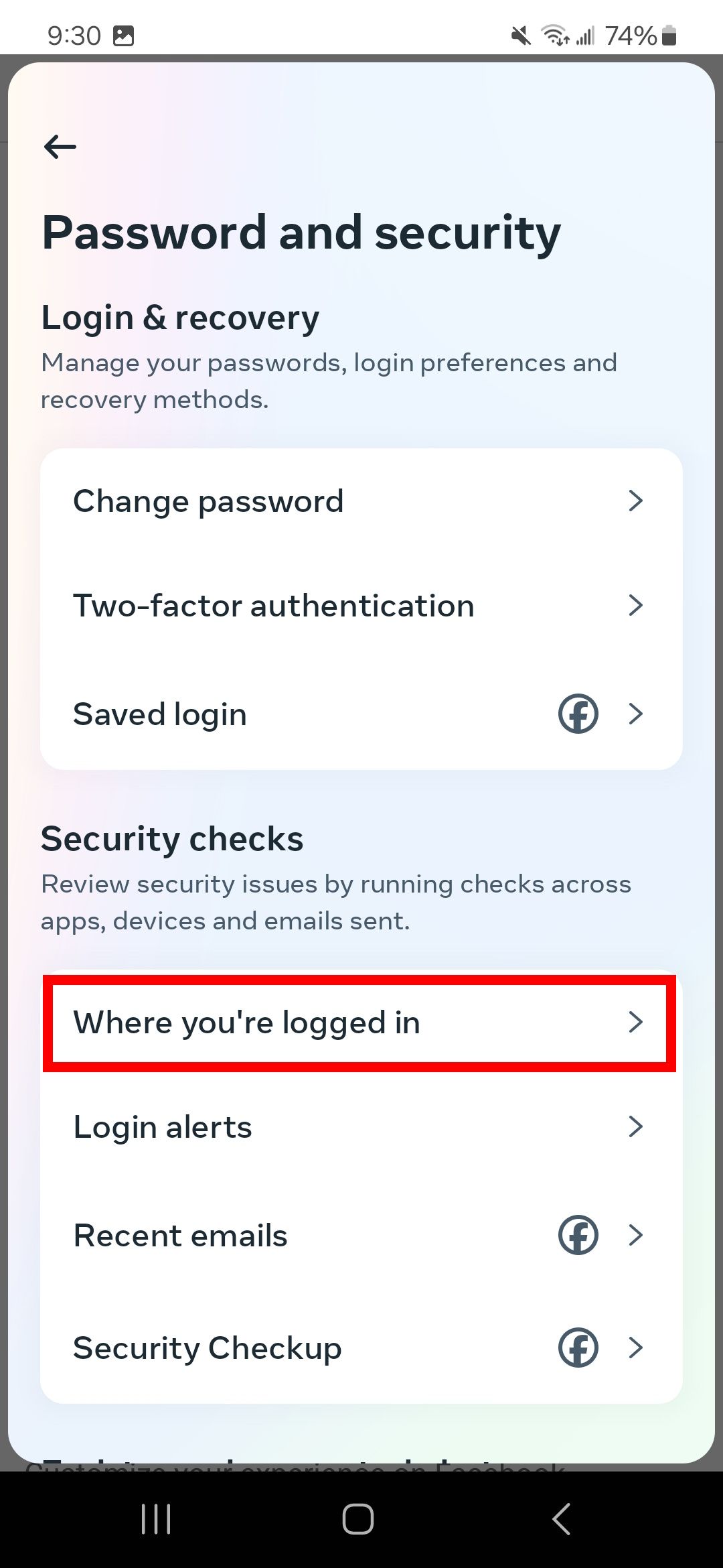 Red rectangle outline highlighting Where you're logged in on Facebook app