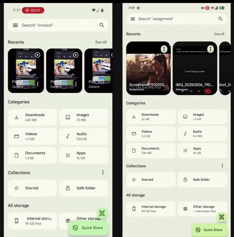 A GIF highlighting Files By Google's carousel UI tweak.