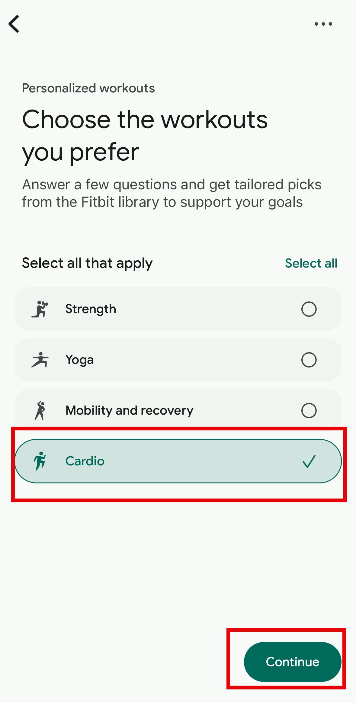 Cardio workout selected in Fitbit workout preferences