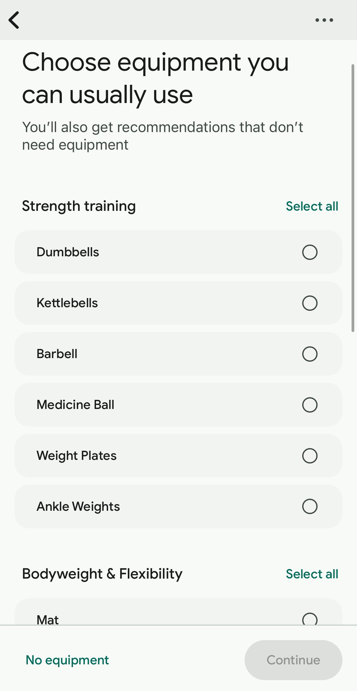  Equipment selection screen showing options like dumbbells and kettlebells