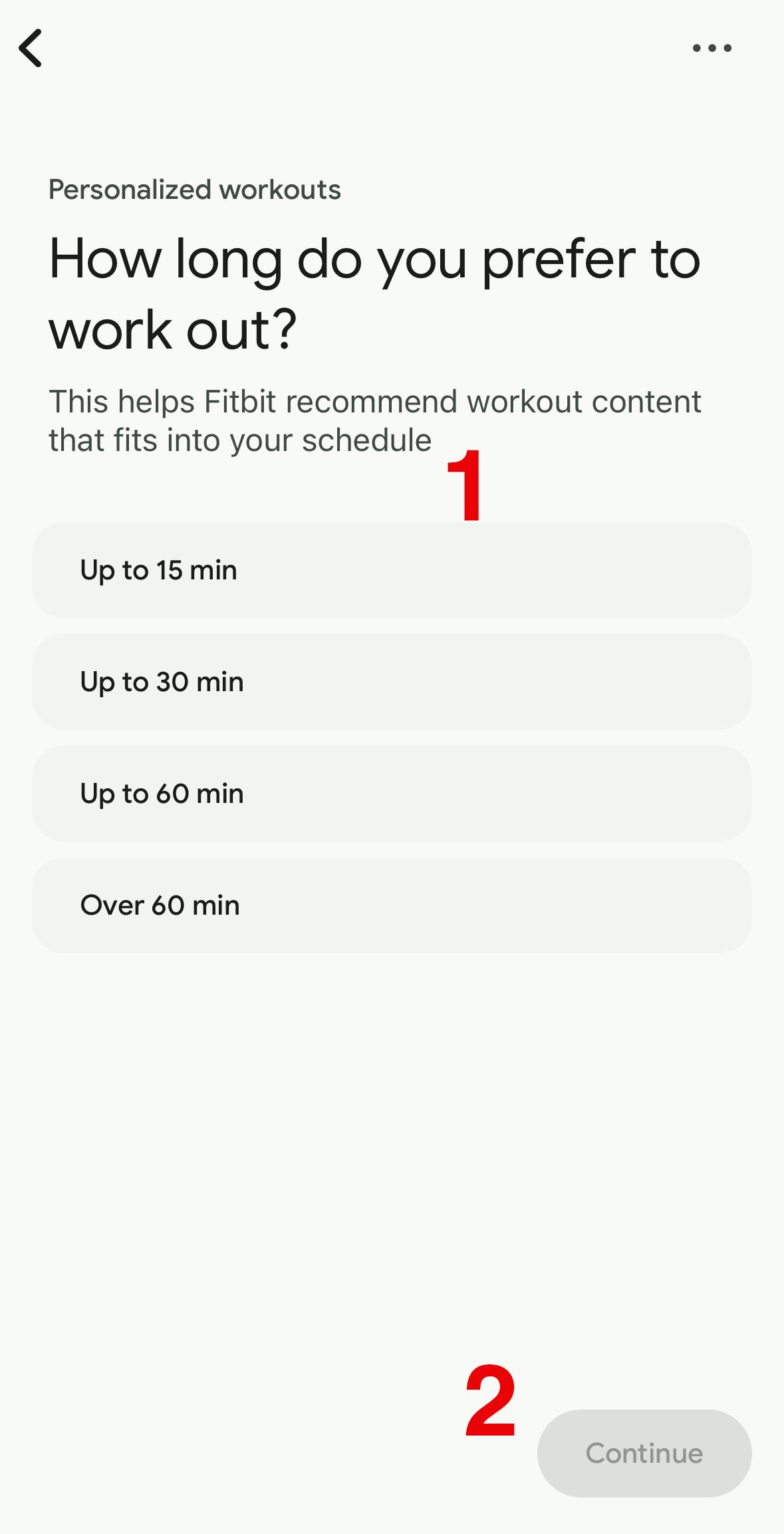 Fitbit's workout duration options, such as up to 15 or 30 minutes