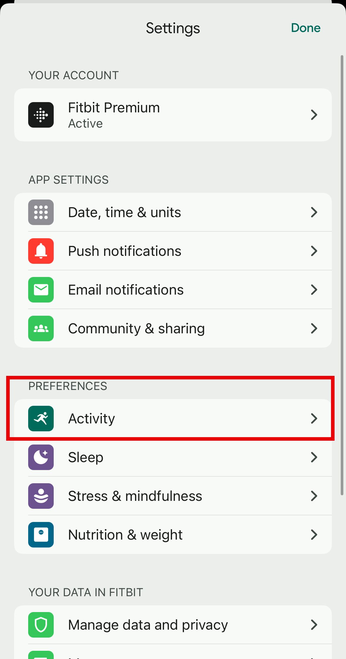 Fitbit settings screen showing "Activity" under Preferences
