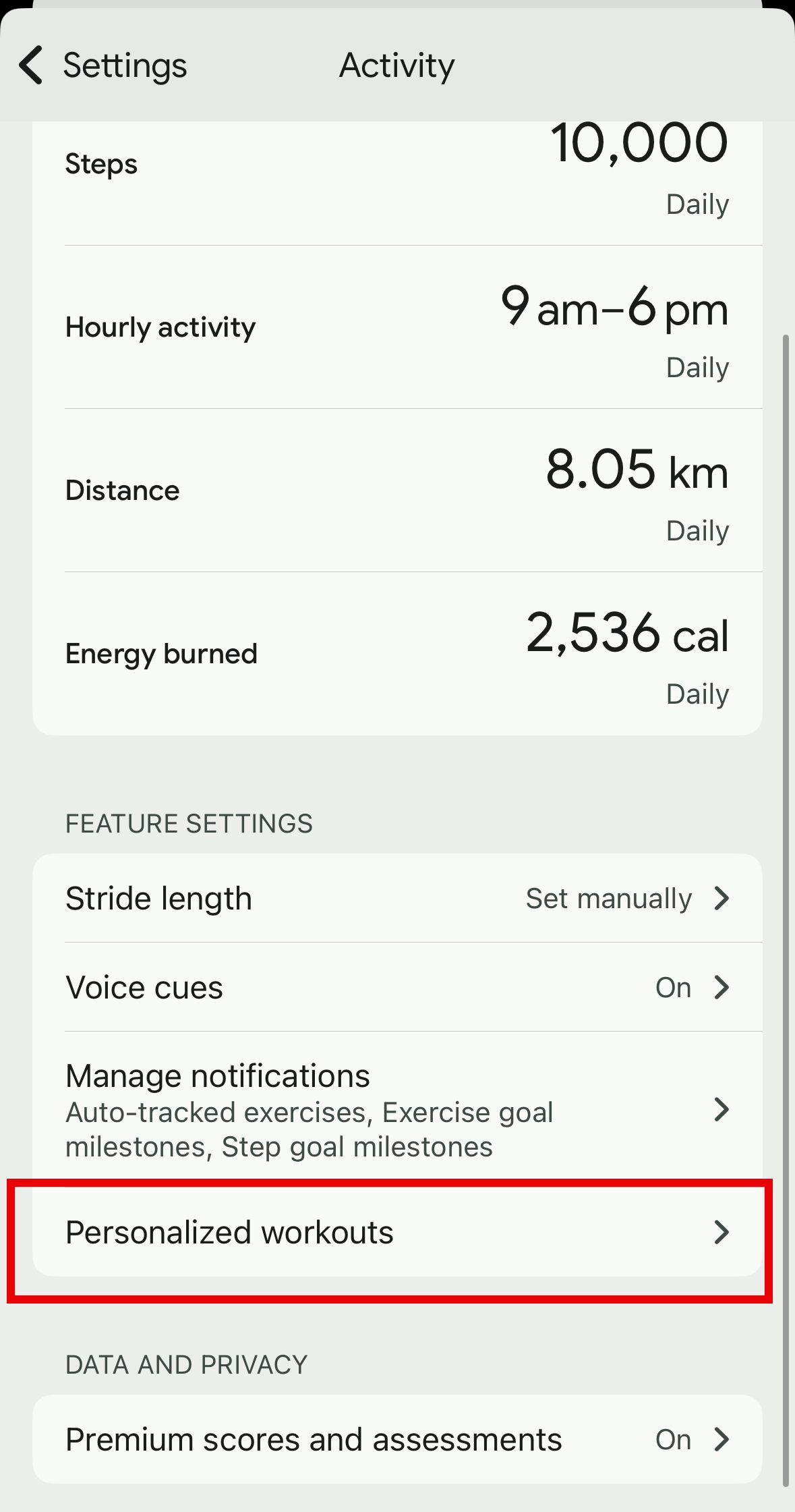 Activity settings screen with "Personalized workouts" option highlighted