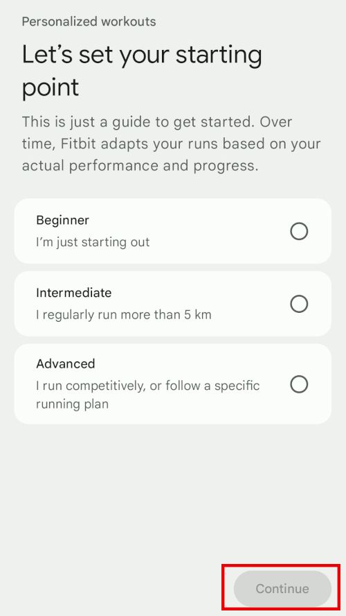 Fitbit's Running level selection screen showing beginner, intermediate, and advanced options