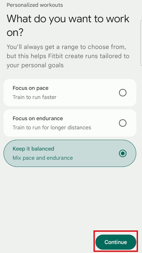 Fitbit screen showing workout goal selection with "Keep it balanced" chosen