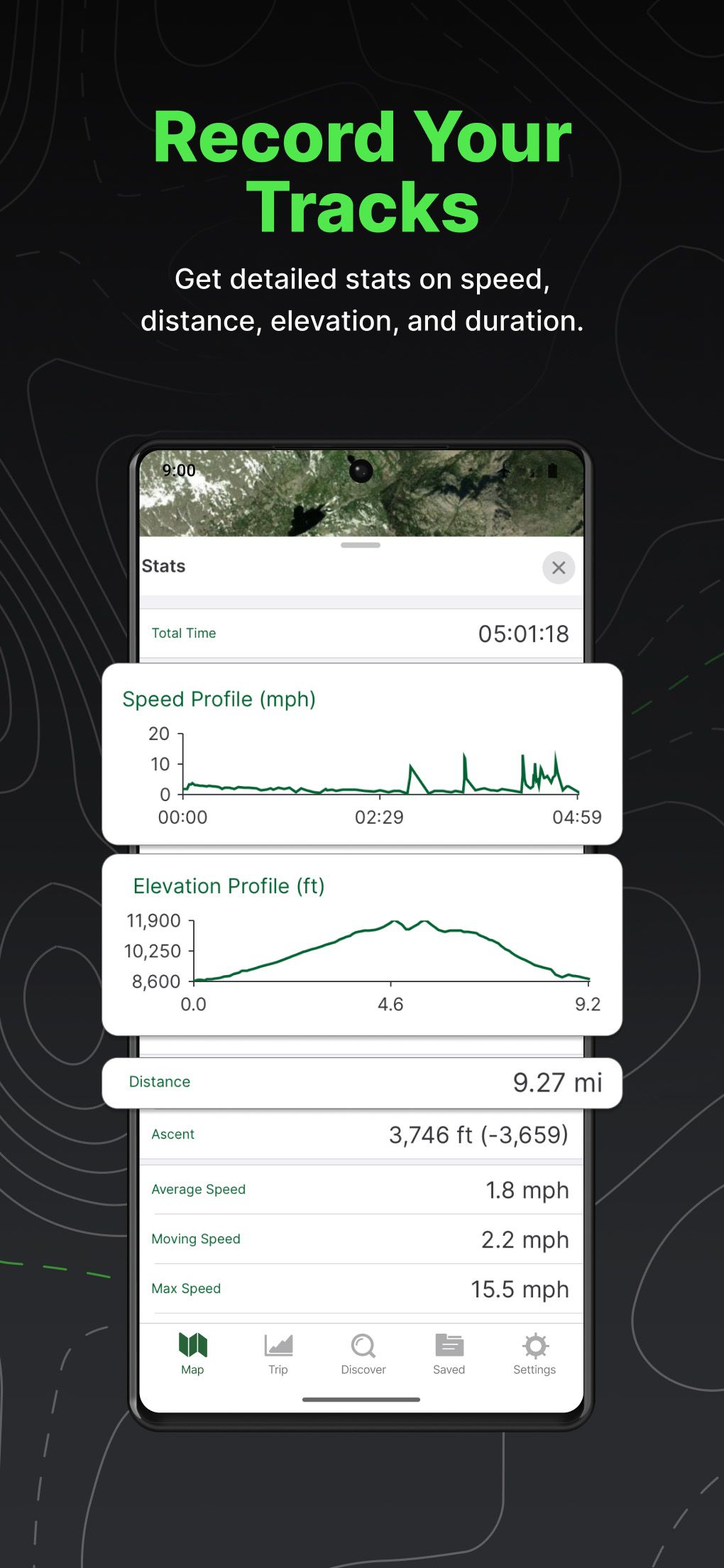 a screenshot of the gaia gps app displaying hiking statistics 