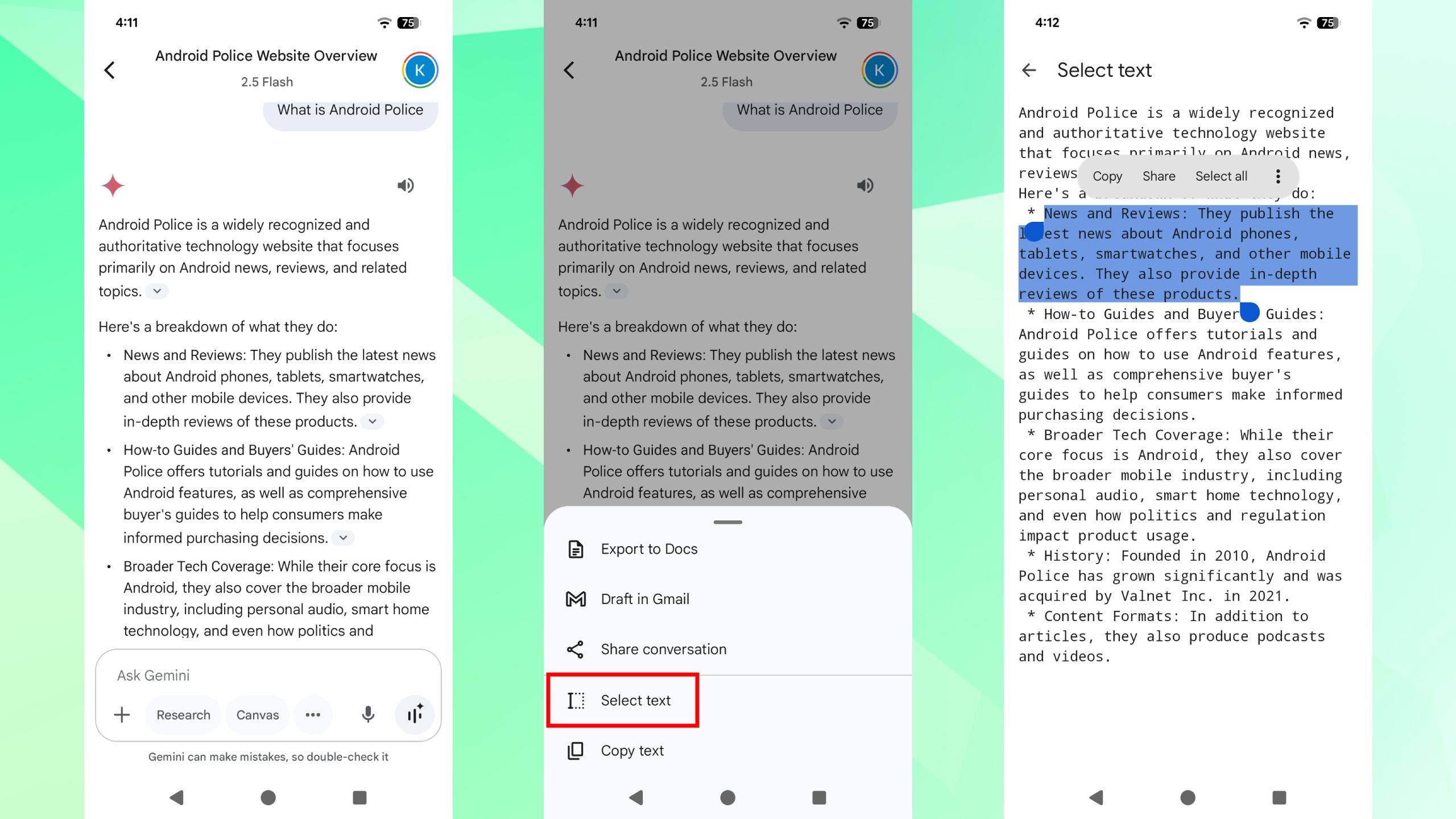 Screenshots highlighting Gemini's current excerpt-sharing procedure.