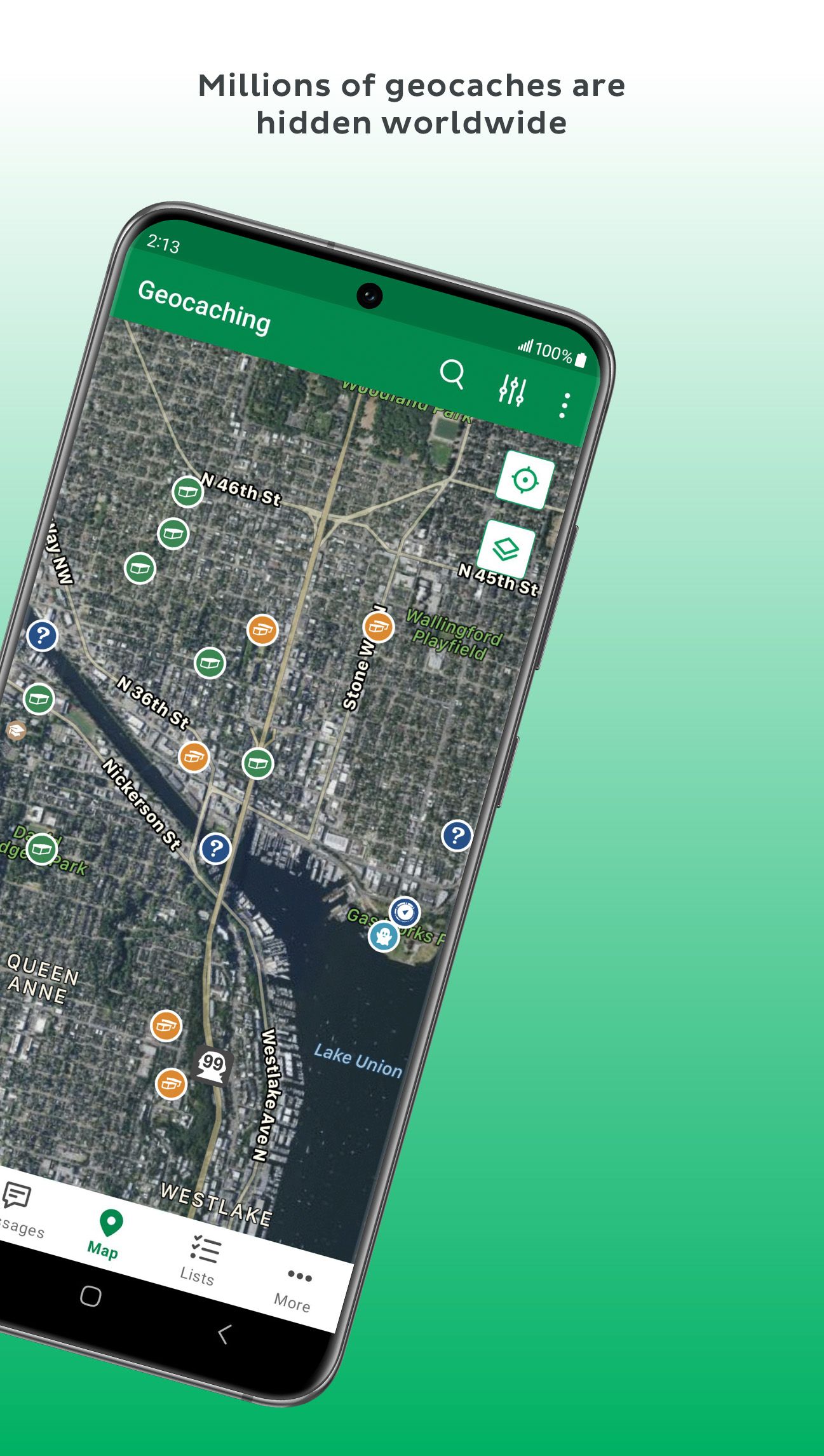 a phone showing the geocaching app displaying a city map on a green background