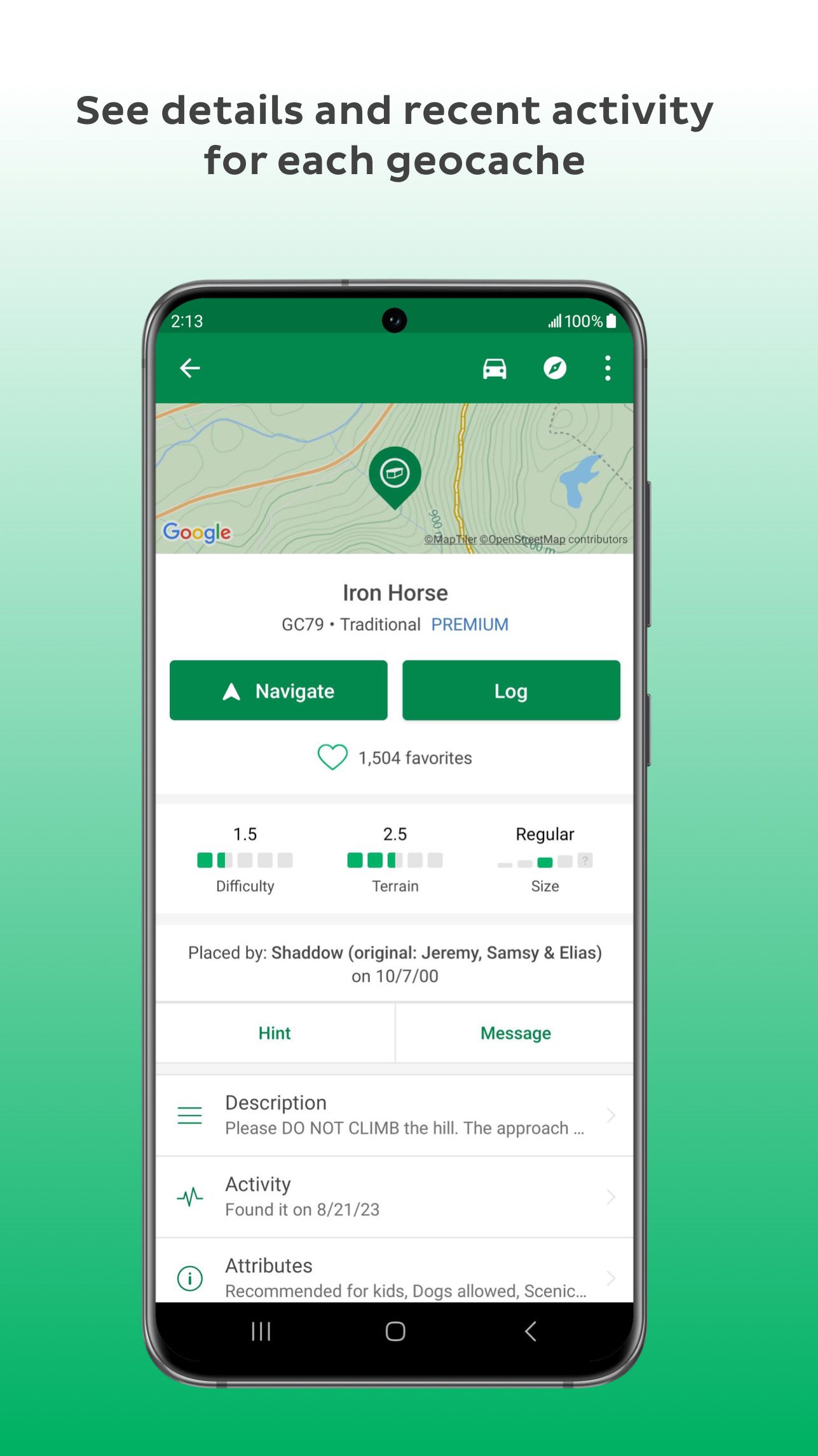a phone displaying the official geocaching app showing information on a cache