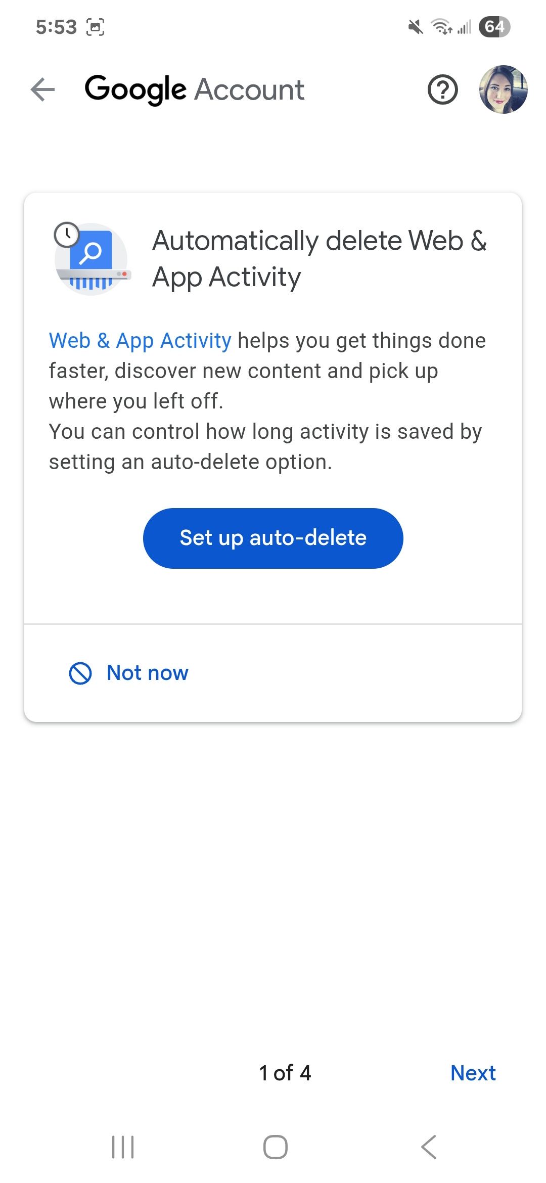 Google account Privacy Checkup feature showing a Set up auto-delete option