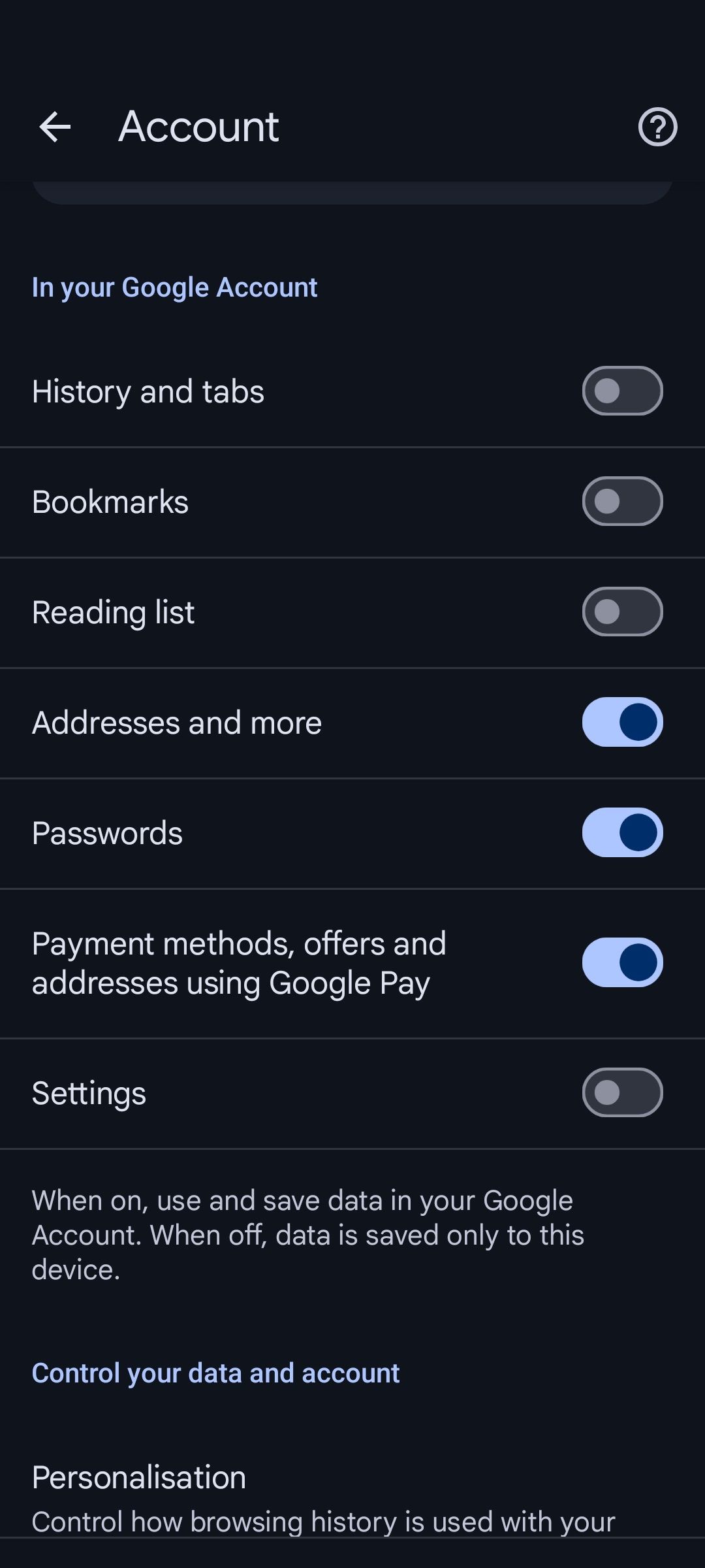 Toggle buttons for bookmarks and other sync options in Google Chrome settings