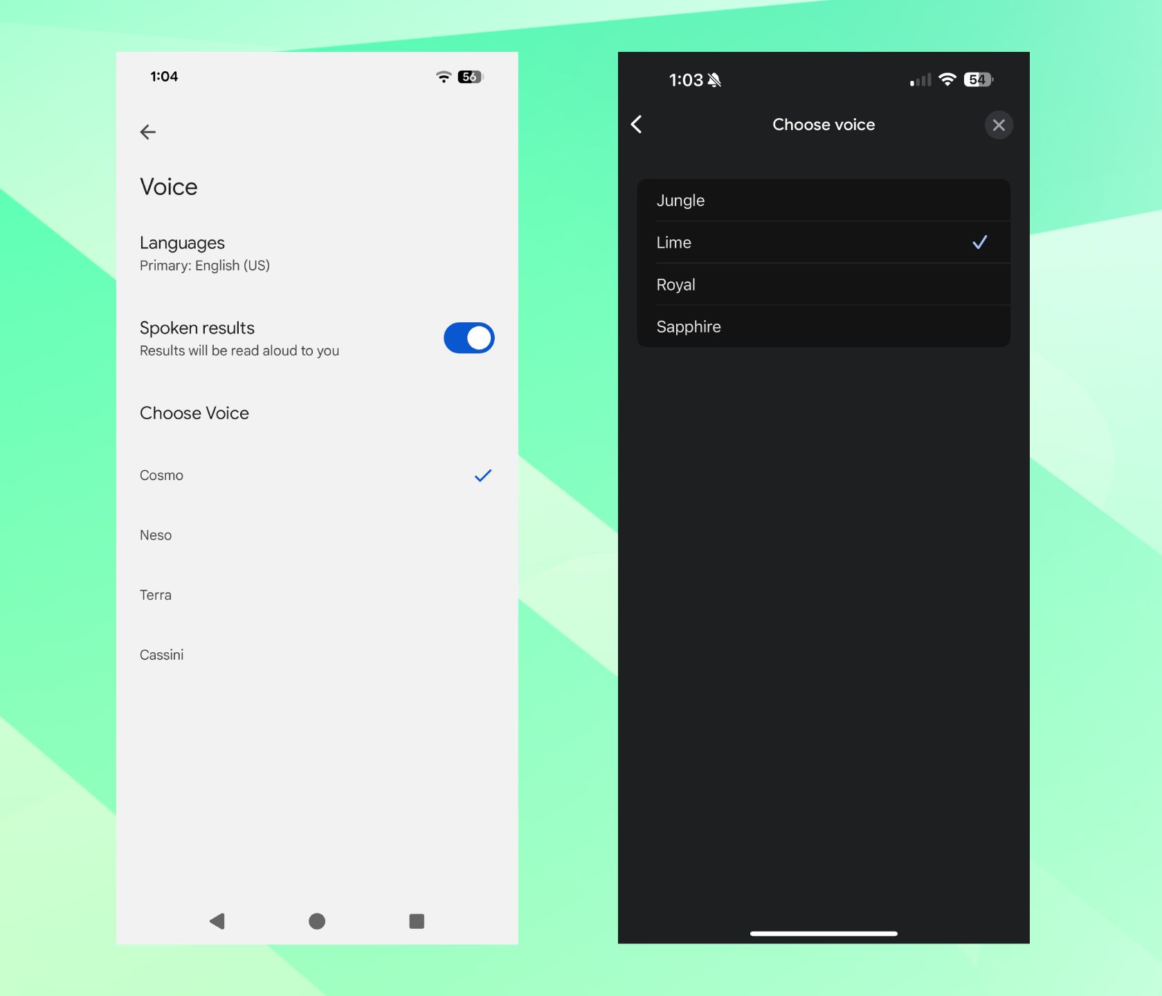 Screenshots of the new Google app spoken result voices on Android and iOS.