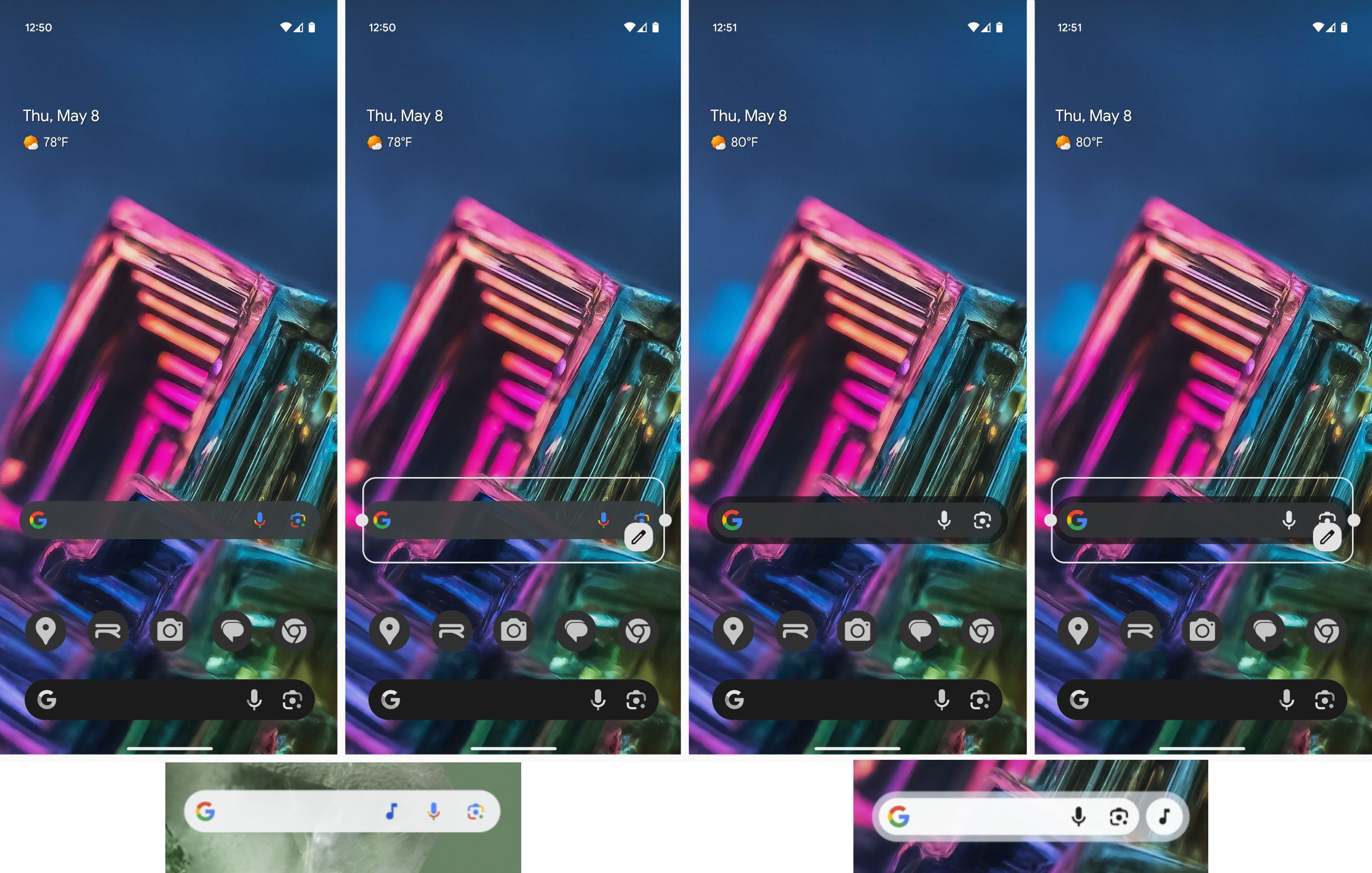 Screenshots highlighting the Google app's redesign widget.