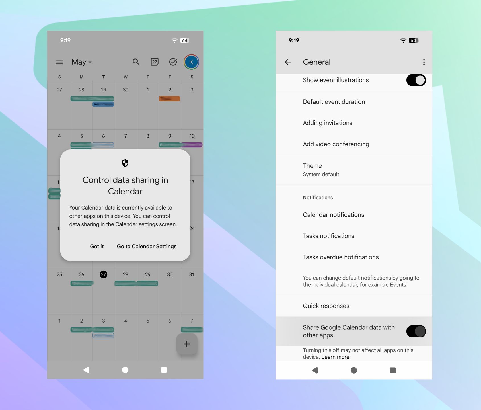 A screenshot of Google Calendar's new data sharing setting.