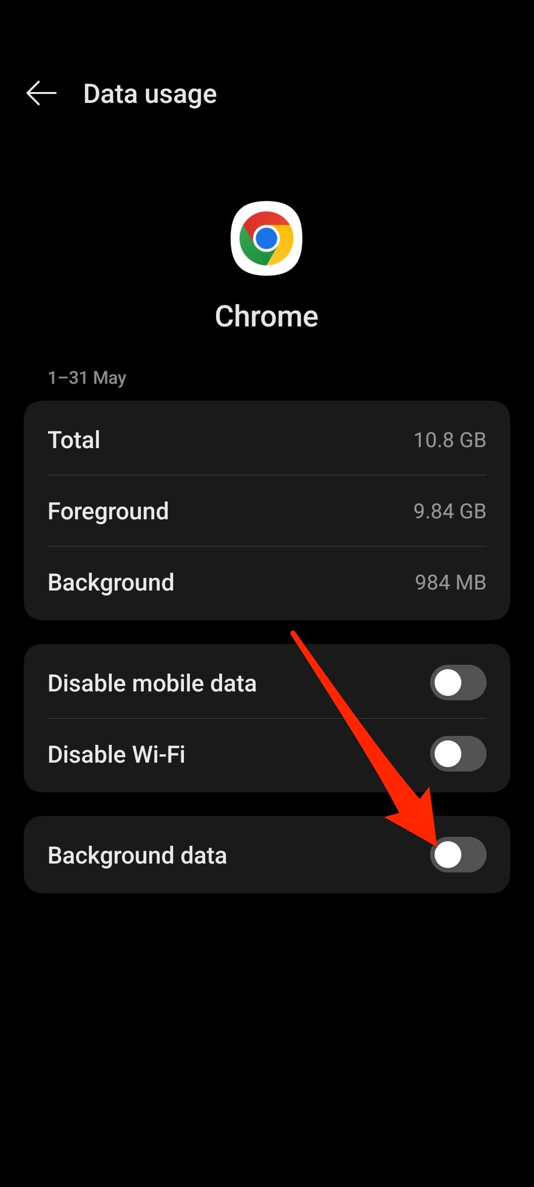 Disabling Google Chrome background data in app info menu