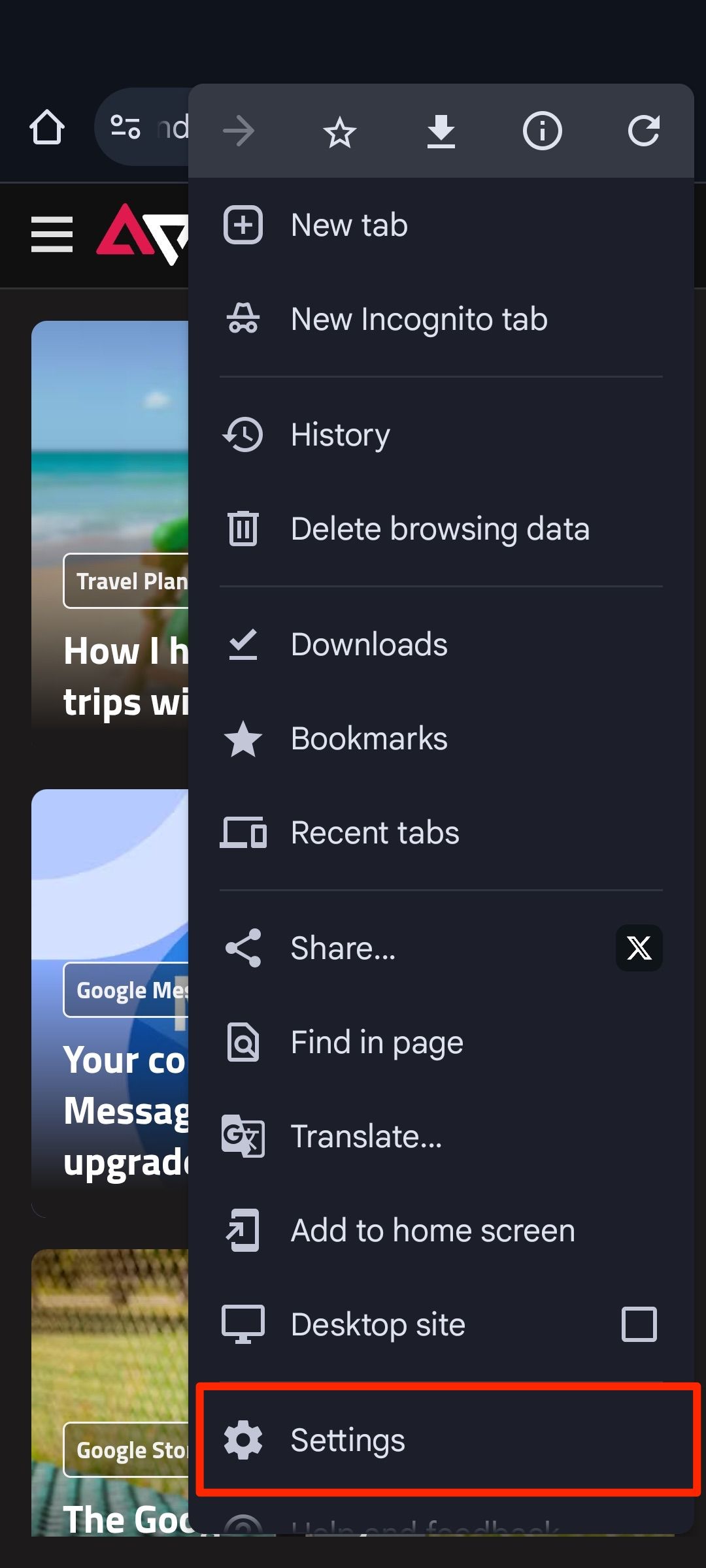 Red box highlighting Settings option in Google Chrome app menu