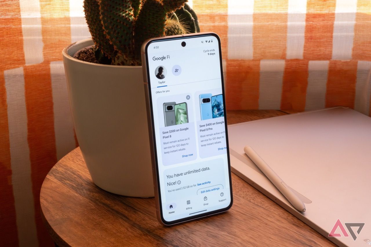 An Android phone with the Google Fi app displayed on the screen