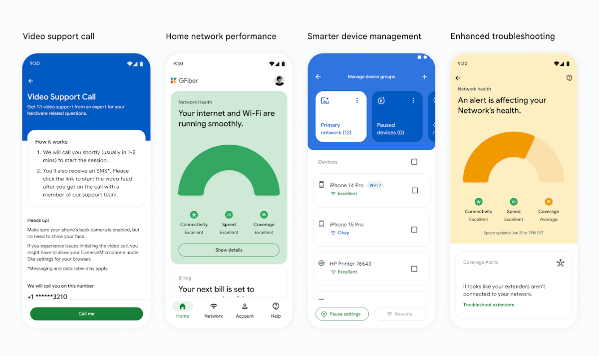 A set of screenshots illustrating the latest Google Fiber app design.