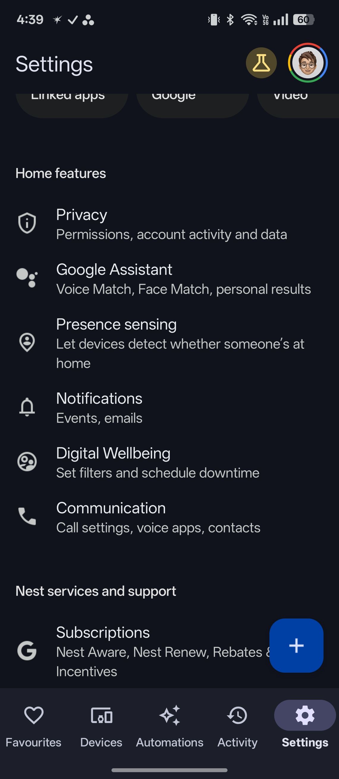 Settings showing different things like Digital Wellbeing, Privacy, and Notifications settings in Google Home app for Android