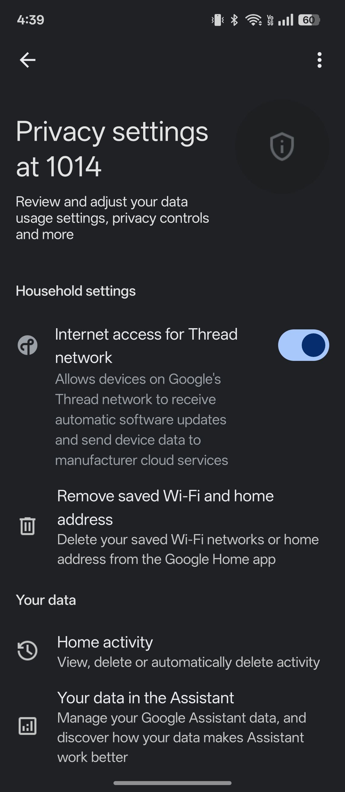 Privacy settings in Google Home app for Android