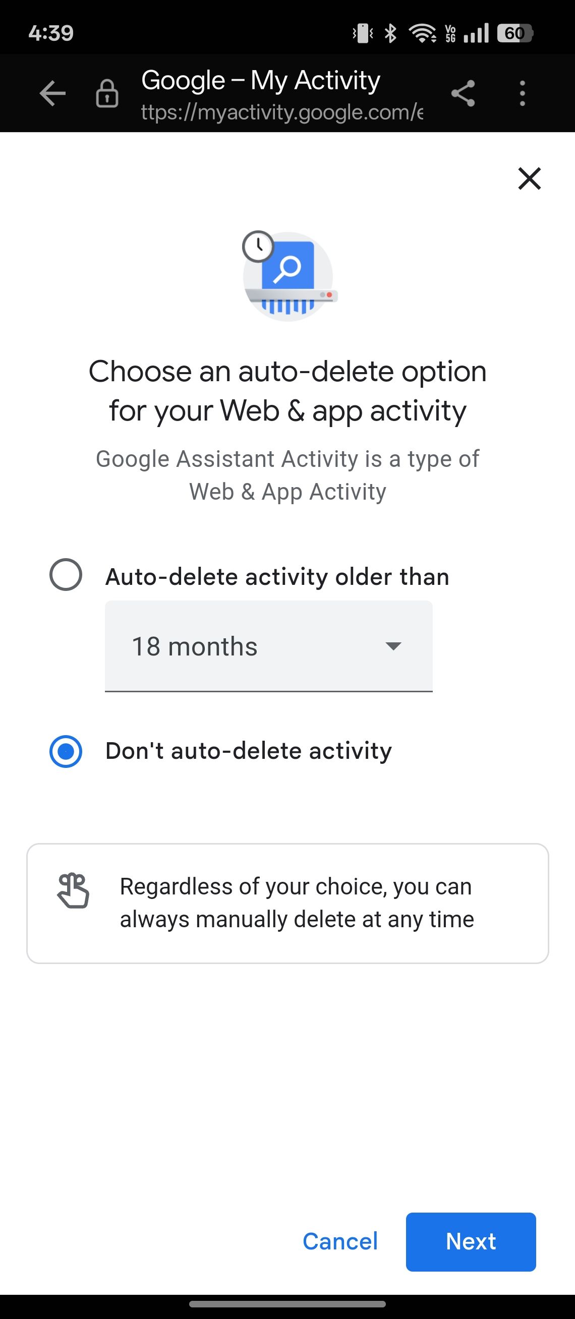 Setting options for auto-delete in Google Home app for Android