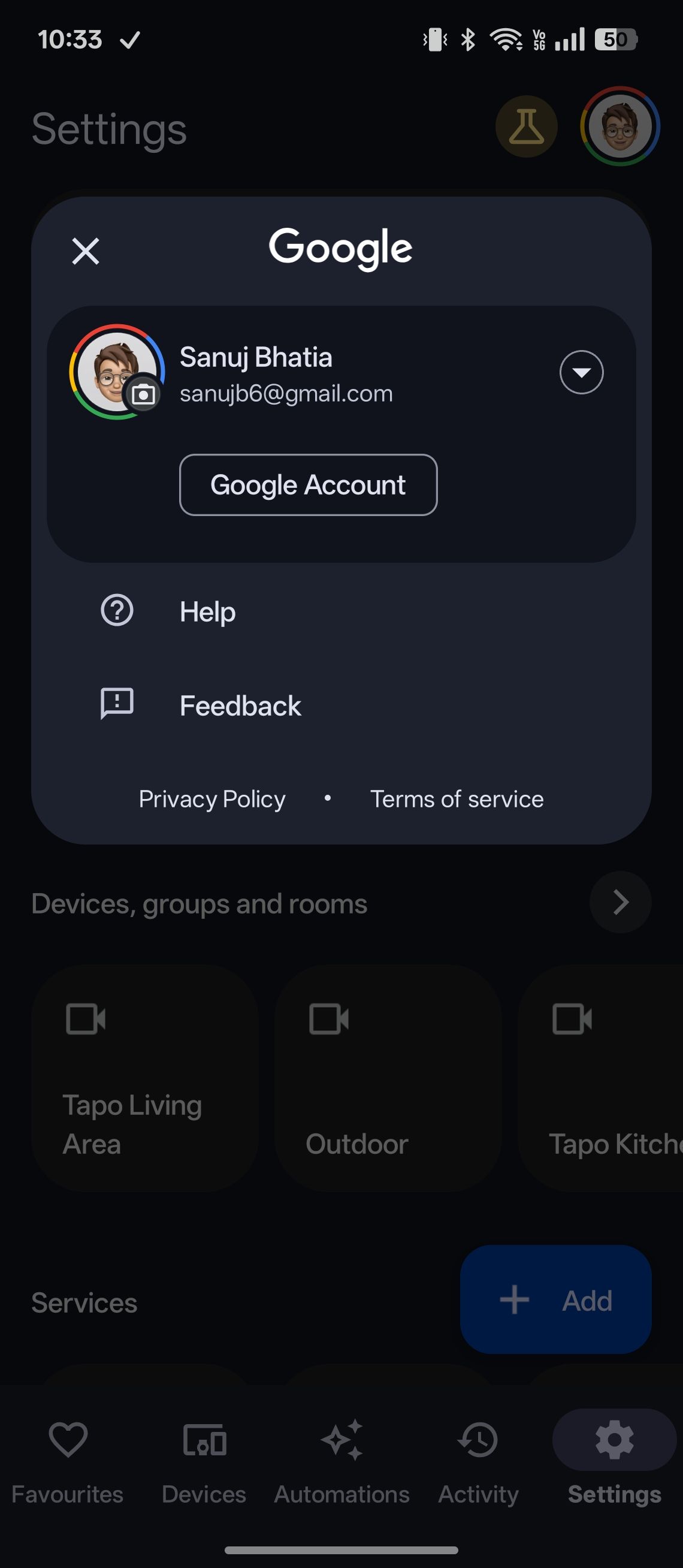 Google account panel showing profile, help, and feedback options