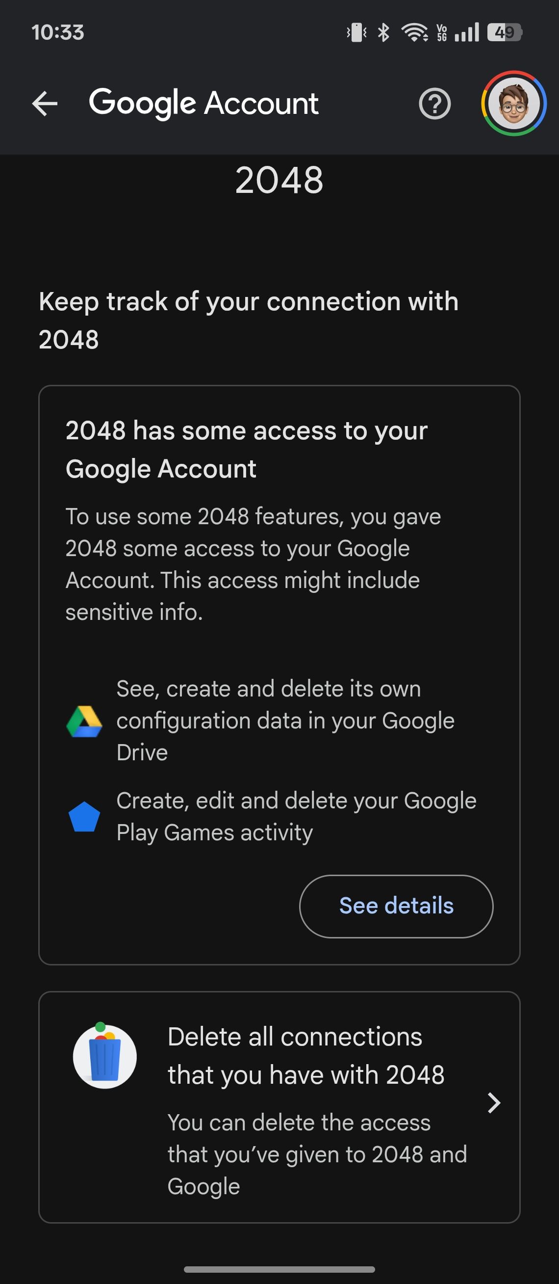 2048 app permissions and access overview from Google account