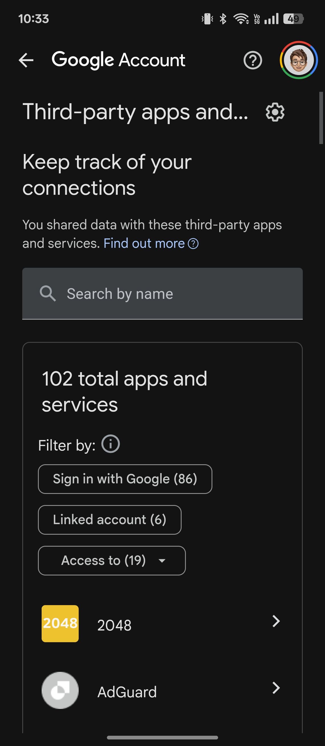 Third-party apps dashboard showing connected apps with filters