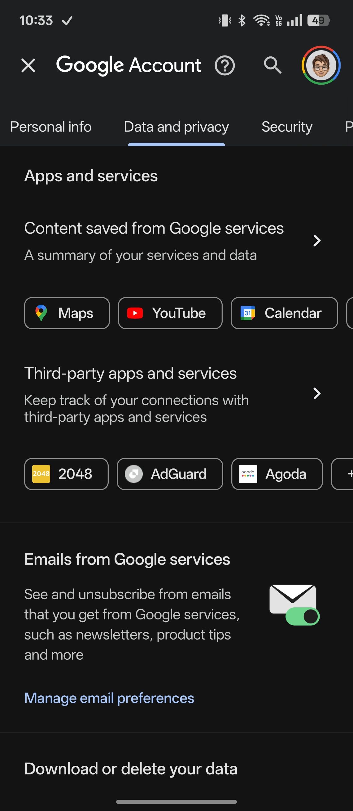 Google account privacy tab with linked apps and services