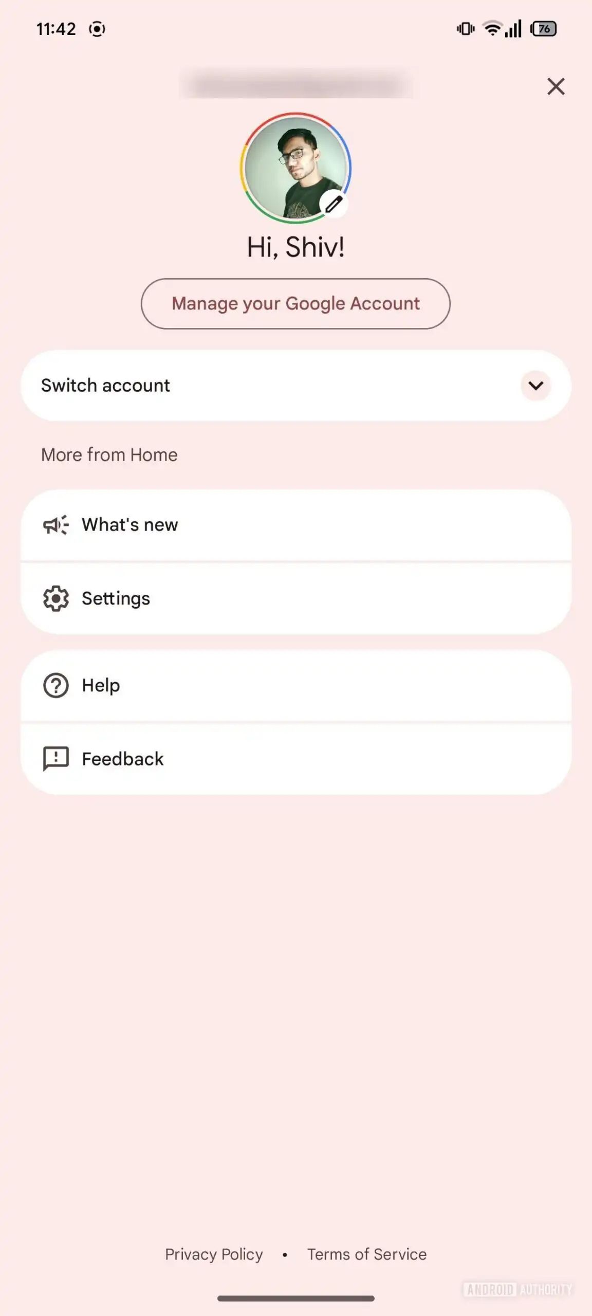 A Google Home screenshot highlighting the app's redesigned account switcher menu.