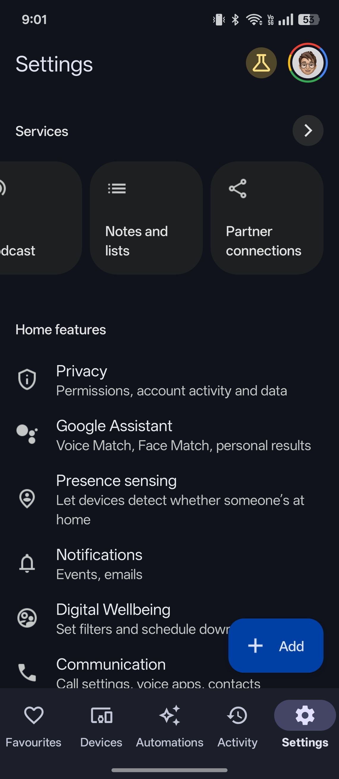 Google Home app privacy settings with Assistant and presence toggles
