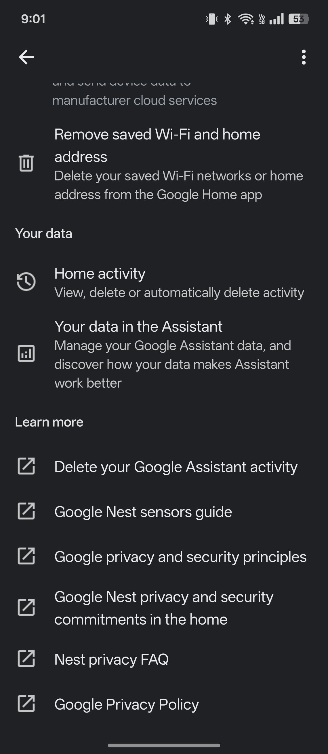 Google Assistant data settings in Home app