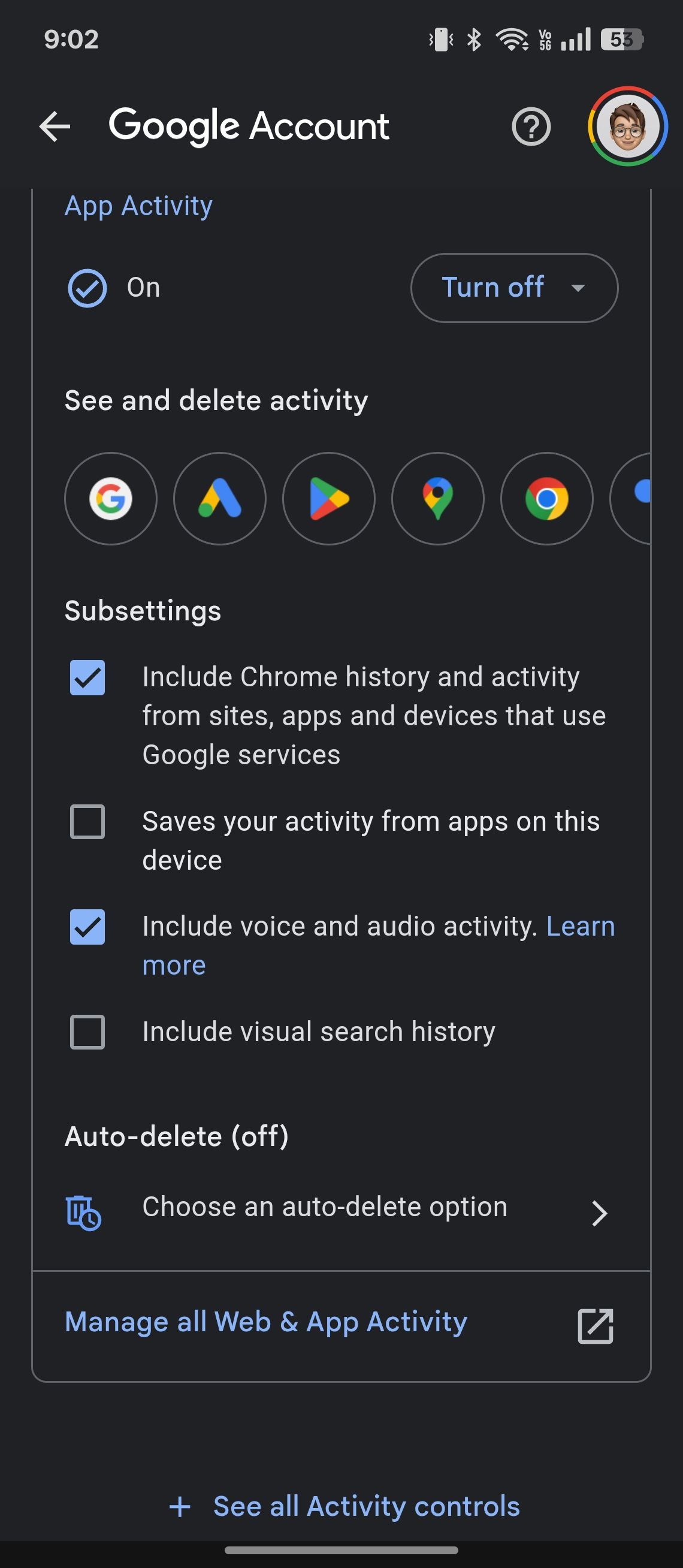 Google account activity settings with voice and audio enabled