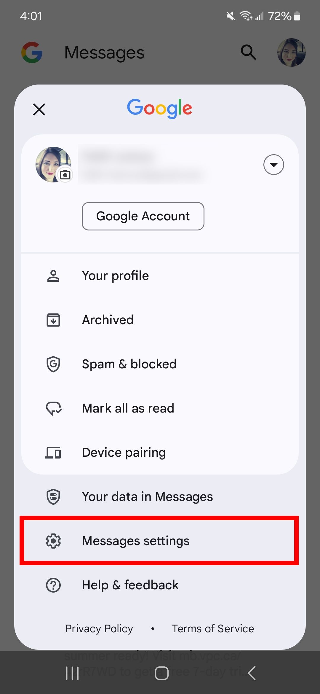 Red rectangle outline highlighting Messages settings in Google Messages