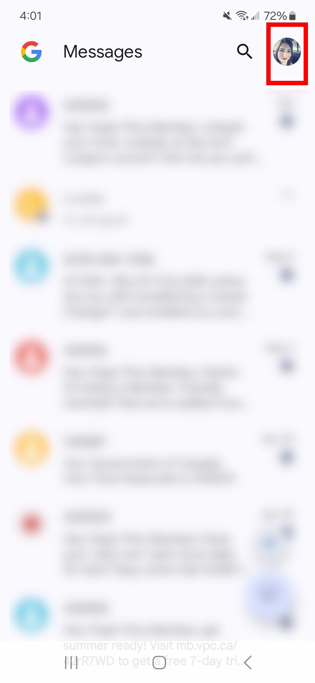 Red rectangle outline highlighting the profile icon in Google Messages
