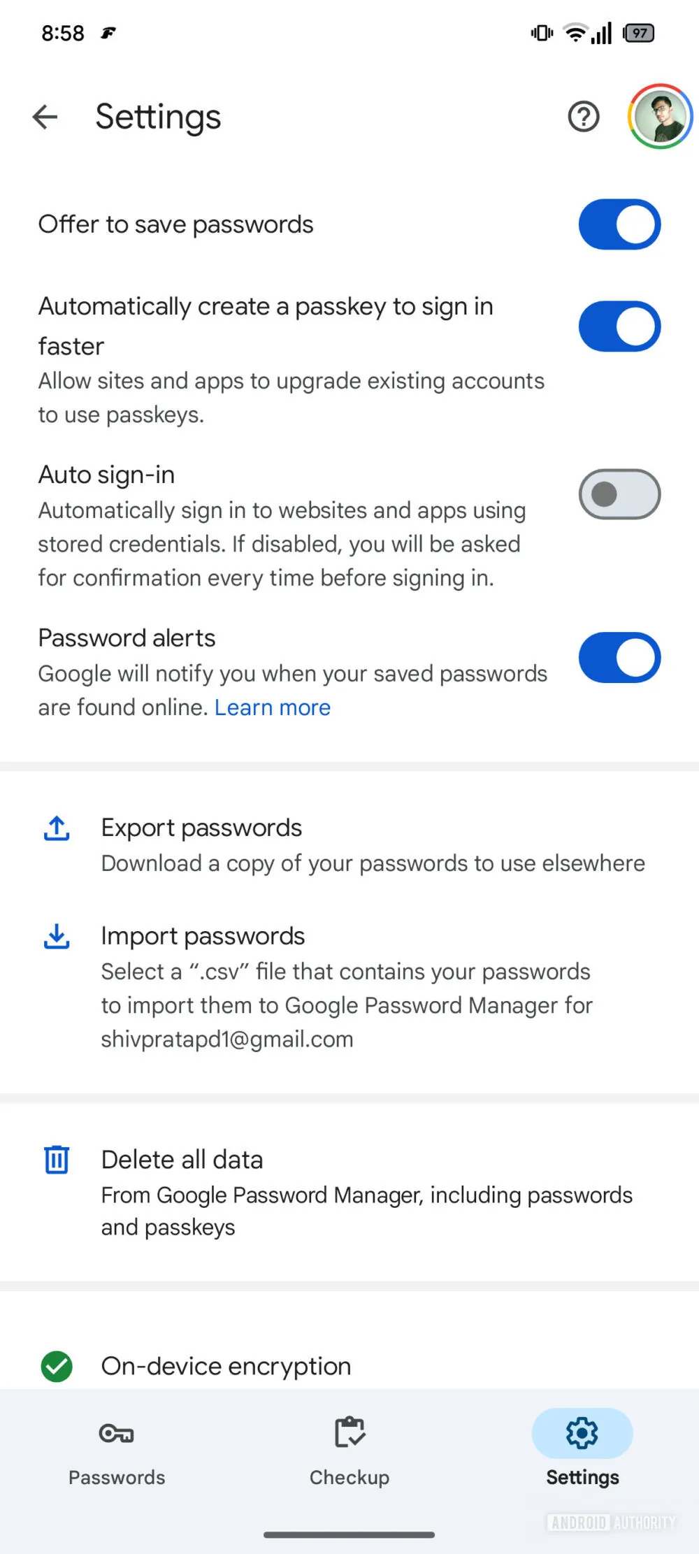Google Password Manager for Android settings