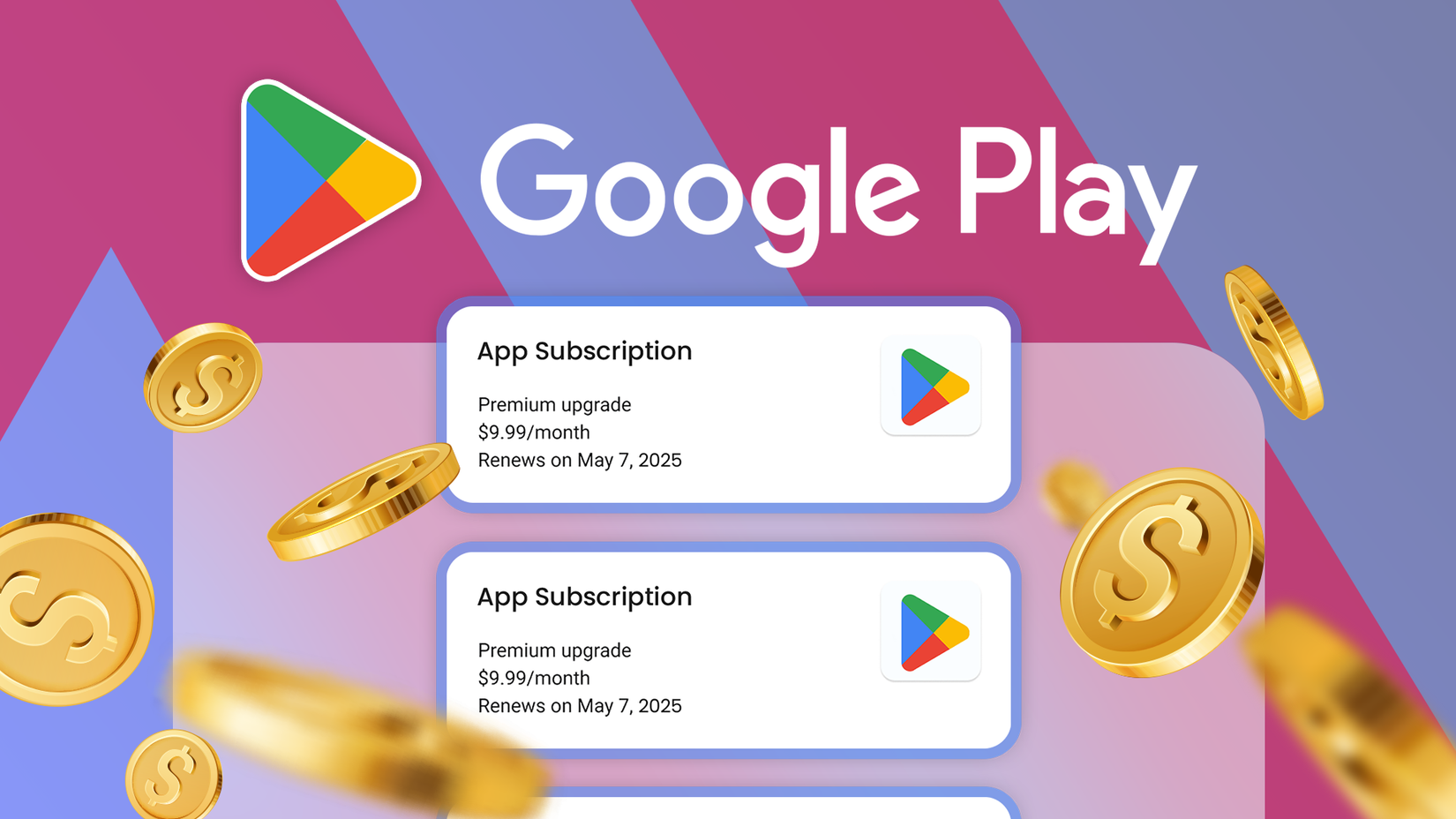 Google Play logo with some app subscriptions below and several coins around.