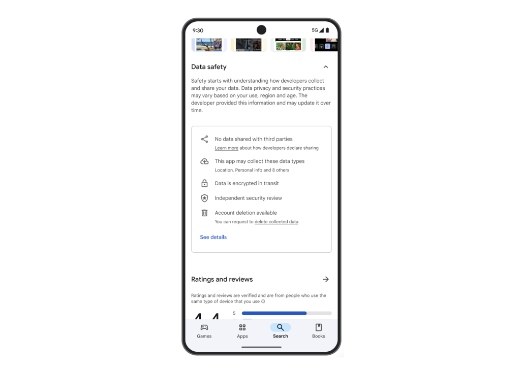 An image highlighting the Google Play Store's app-specific data safety section.